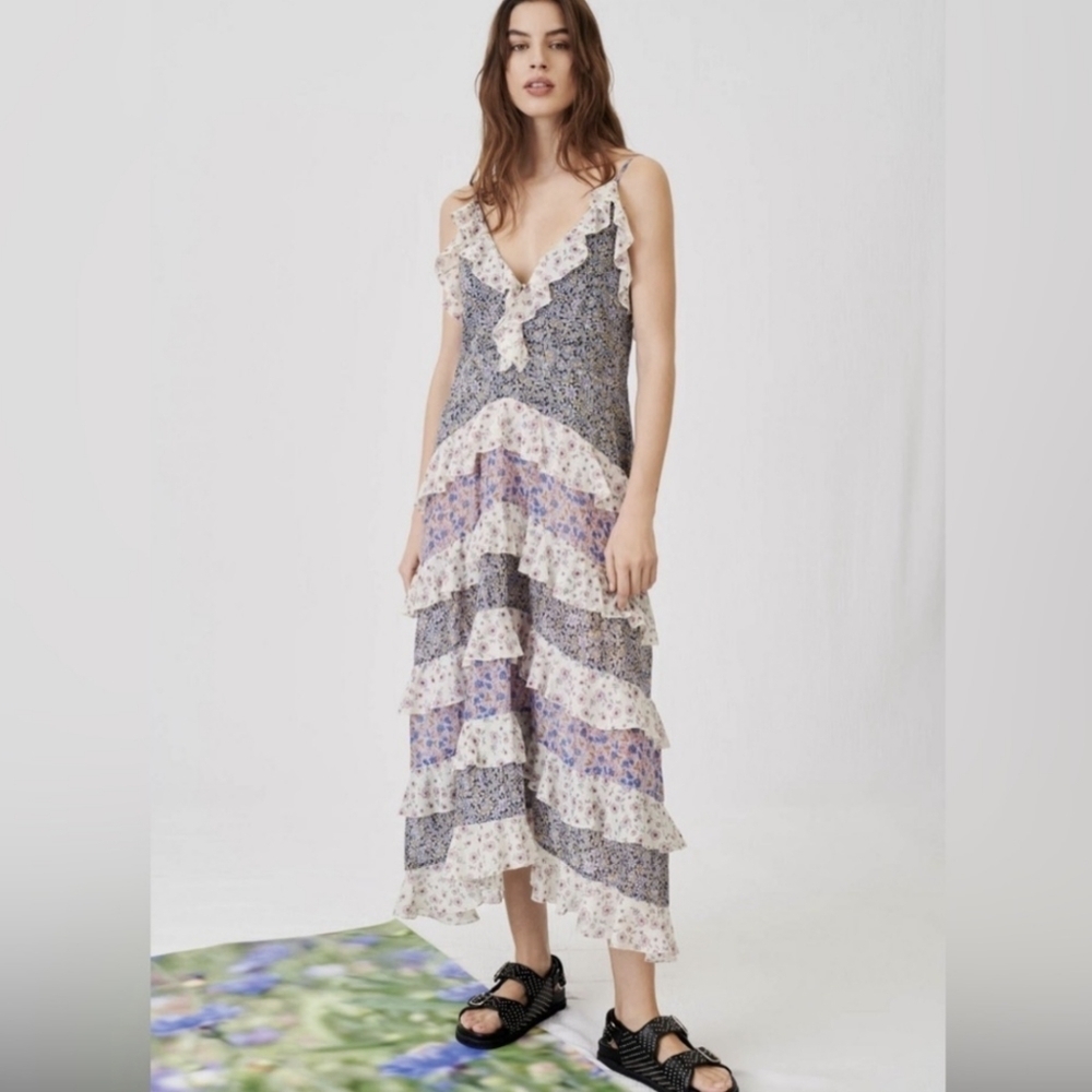 Maje Printed Cotton Voile Dress With Ruffles Blue 34  xs small
